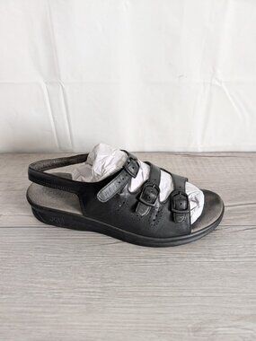 SAS Trio II Sandals Comfort 3 Strap Slingback Buckle Black Leather Womens Sz 8